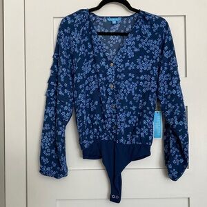Draper James RSVP Bodysuit Button Down NWT Women’s S Blue Floral Multi SPRING 💐